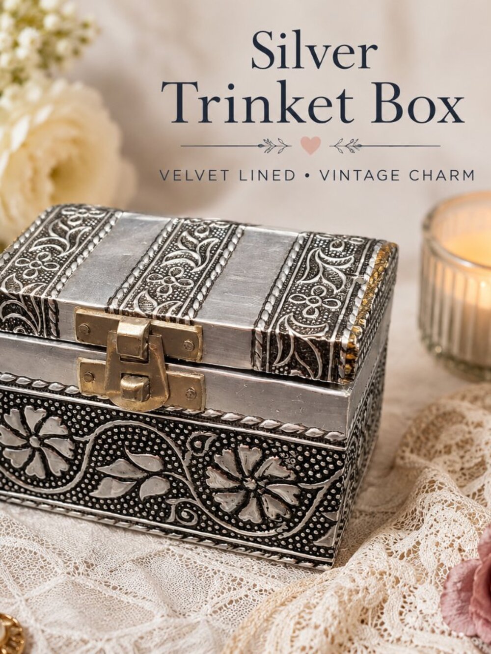 Silver-Tone Embossed Trinket Box